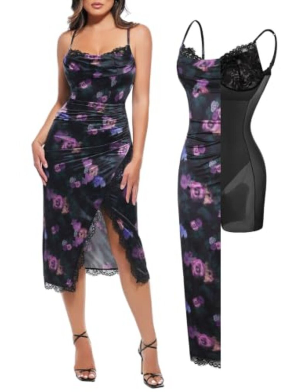 Satin Corset Dress Lace Trim Built-in Shapewear Midi Cocktail
